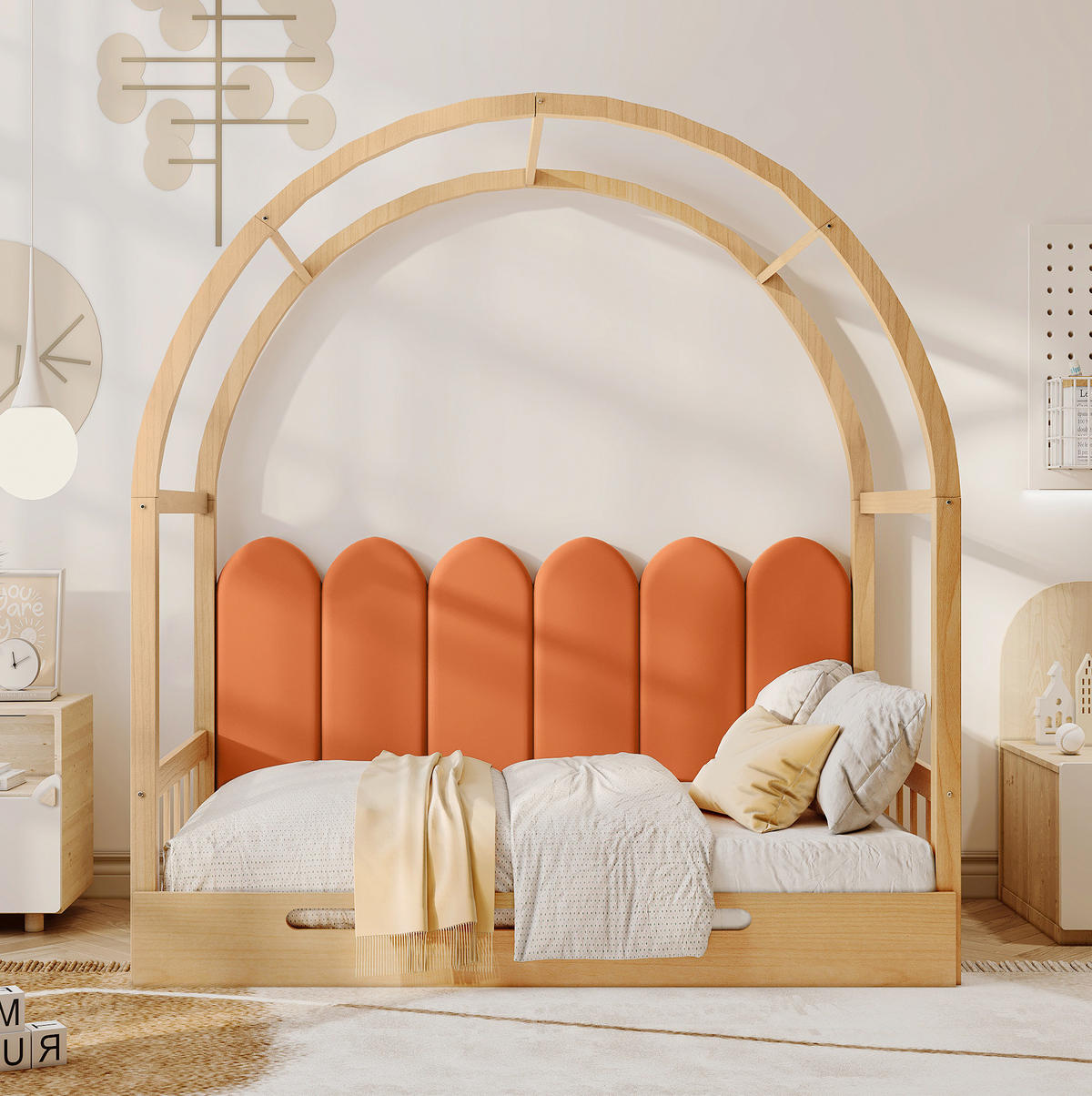 KINDERBETT aus Kiefer und MDF 140x200 cm Natur/Orange ausziehbar mit Dachrahmen, Kissen und 3-seitigem Schutz - Naturfarben, Holzwerkstoff (140/200cm) - Modfu