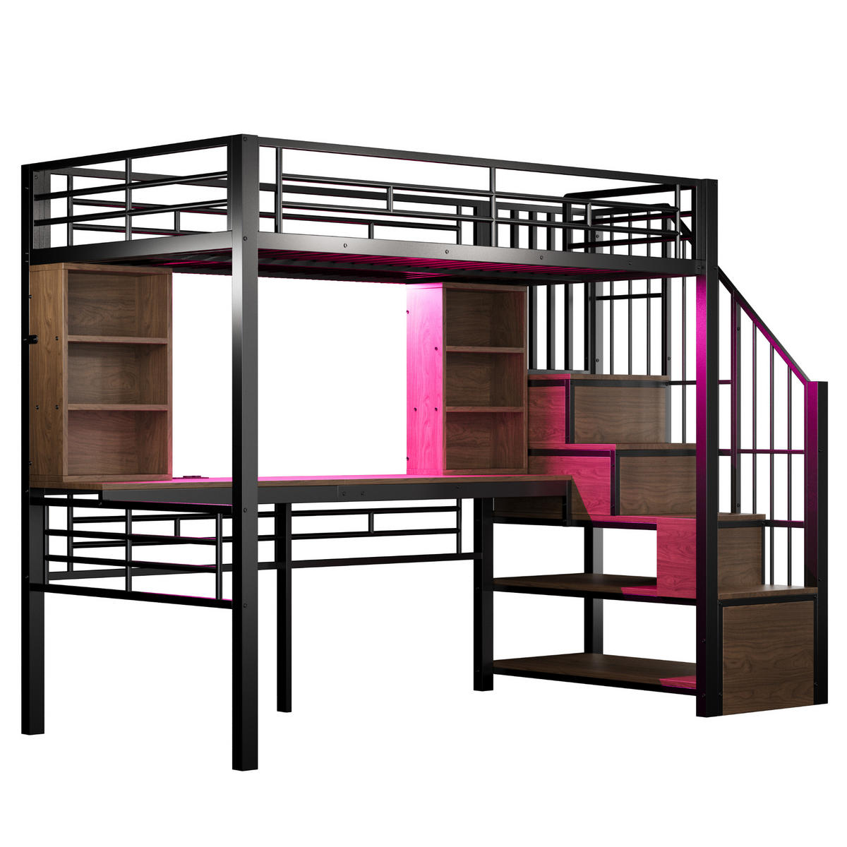 HOCHBETT 90/200 cm mit Schreibtisch, LED-Beleuchtung, Steckdose und Stauraumtreppe, Schwarz - Schwarz, Holzwerkstoff (90/200cm) - Redom
