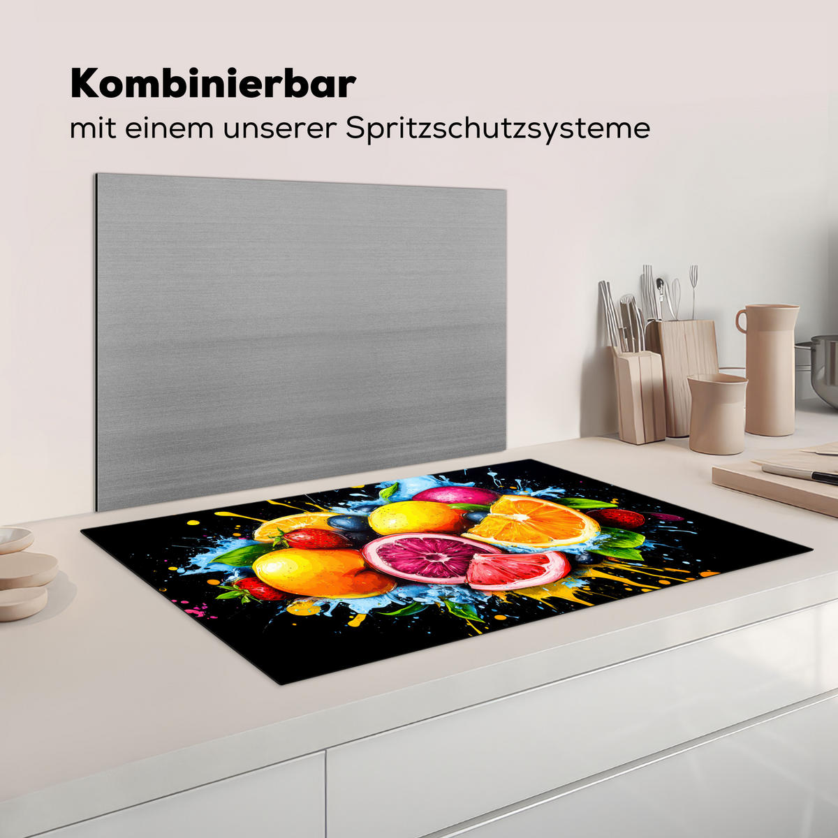 KRYT NA INDUKČNÍ DESKU Ovoce - graffiti - barevné - pomeranč - jahoda - abstraktní 85x52 cm - pomerančová, plast (85/52/0.2cm) - MuchoWow