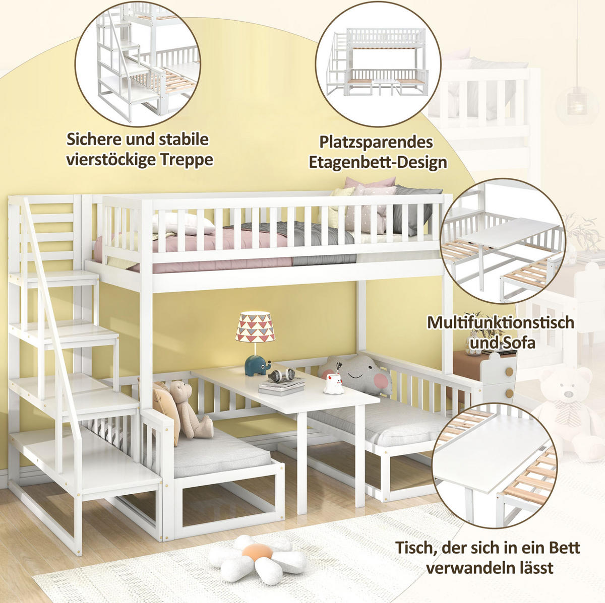 ETAGENBETT aus Kiefer und MDF 245,5x125x170 cm Weiß mit Treppe, verstellbarem Tisch und ausziehbarer Liegefläche - Weiß, Holzwerkstoff (90/200cm) - Modfu