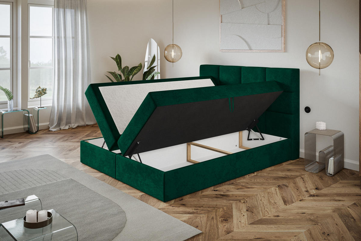 BOXBETT ROMA mit 2 Bettkästen, 160x200, Farbe: Dunkelgrün, Velourstoff, Doppelbett mit Bonell-Matratze - Dunkelgrün, Holz/Kunststoff (160/200cm) - Alpi-Möbel