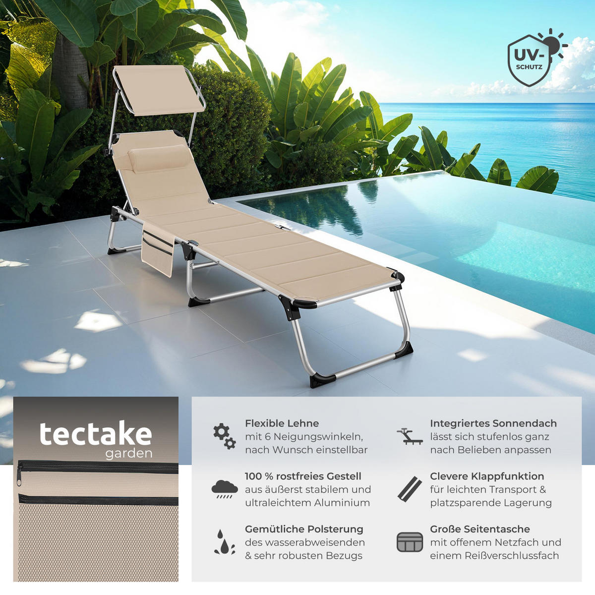 SONNENLIEGE Lorella,220 x 60,5 x 34 cm, mit Seitentasche ,beige - Beige, Kunststoff (60.5/115/200cm) - tectake