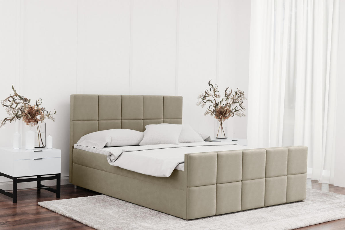 BOXBETT mit Bettkasten und Matratze Topper HANA Stoff Matt Velvet Beige 120x200 cm H3-Bonell - Beige, Holz/Textil (120/200cm) - Kaiser Möbel