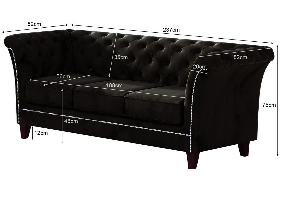 SITZGARNITUR 3+2+1 Chesterfield Fusion Schwarz Samt - Schwarz/Braun, Holz/Textil (237/75/82cm) - S-Style Möbel