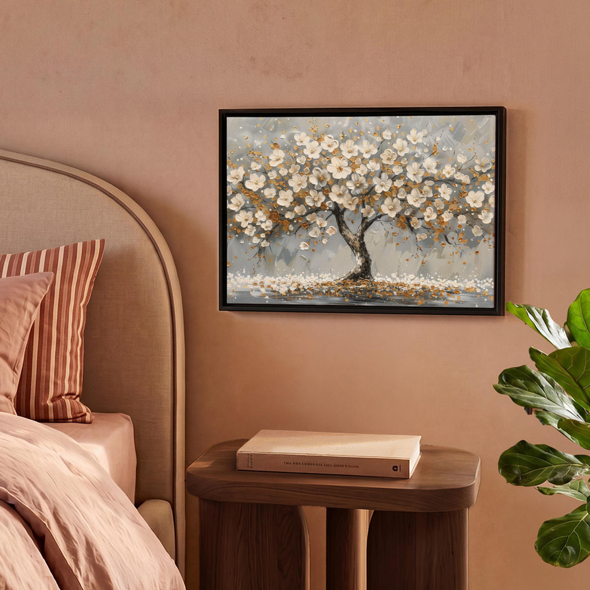 LEINWAND Bilder mit Rahmen - Baum - Blumen - Weiß - Natur - Kunst - 40x30 - Weiß, Textil (40/30cm) - MuchoWow