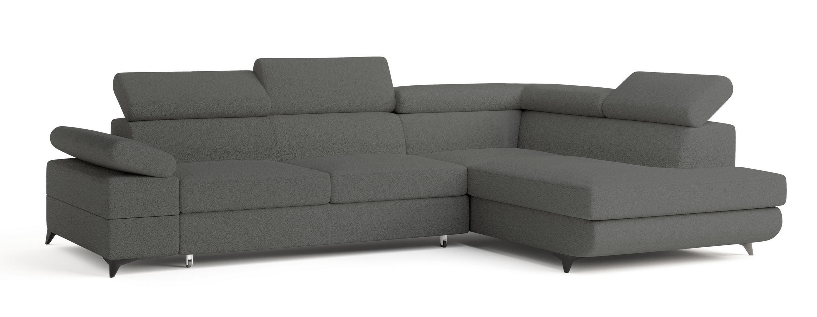 ECKSOFA FAVIEN R-S Grau Boucle-Stoff mit Schlaffunktion - Grau, Holz (257/190cm) - MASSENO