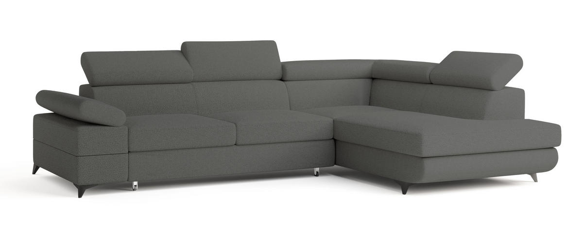 ECKSOFA FAVIEN R-S Grau Boucle-Stoff mit Schlaffunktion - Grau, Holz (257/190cm) - MASSENO