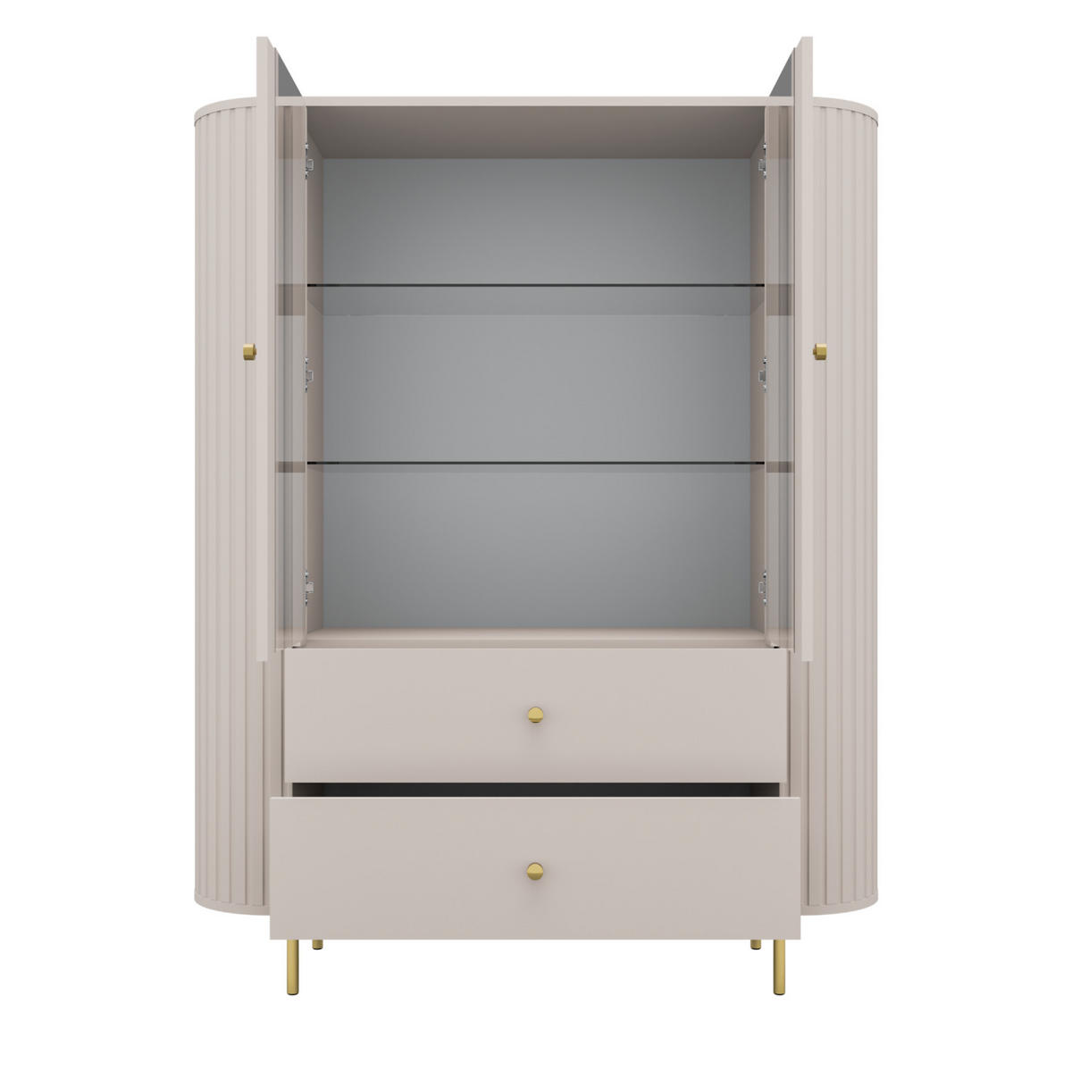 VITRINE Olivia 123 cm, mit Glastüren, 2 Schubladen und geriffeltem Design, kaschmir und goldfarbenen Metallfüßen - Kaschmir, Metall (123/155/43cm) - Margaret Hadas24