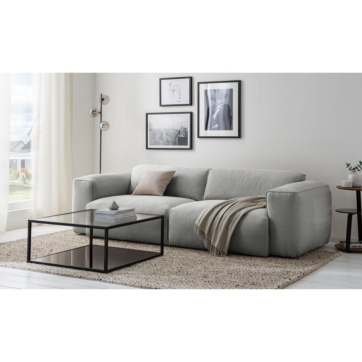 3-SITZER SOFA - Schwarz/Hellblau, Kunststoff/Textil (251/71/102cm) - home24
