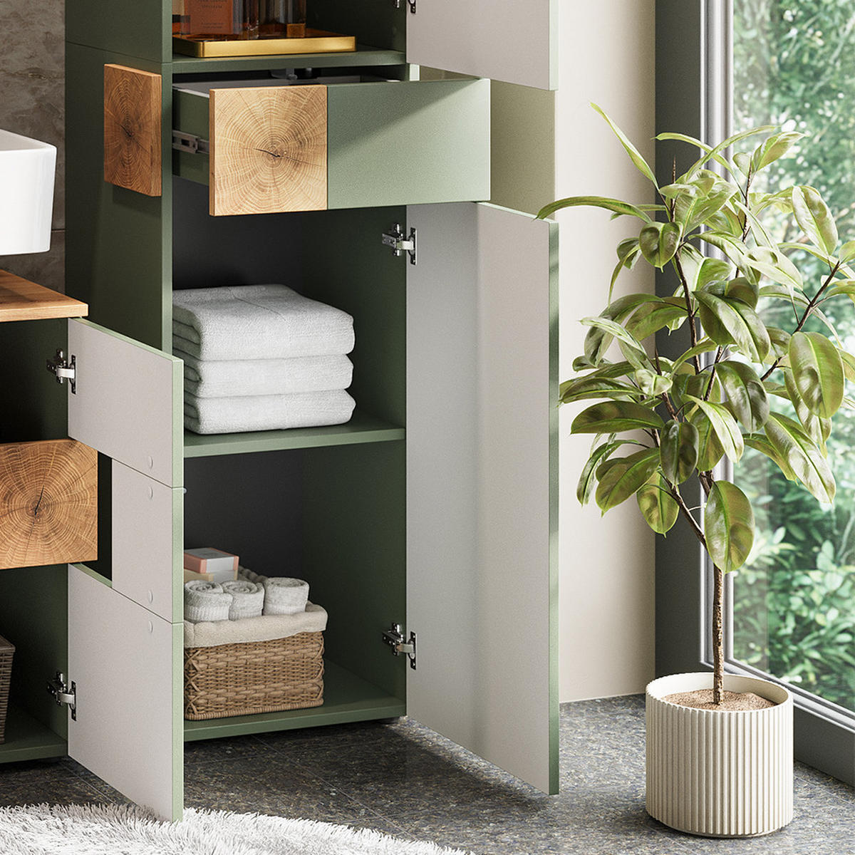 HOCHSCHRANK Eden Grün/Artisan 40 x 184.2 cm mit 2 Türen & 1 Schublade - Hellgrau/Grün, Holzwerkstoff (40/184.2/37cm) - Vicco