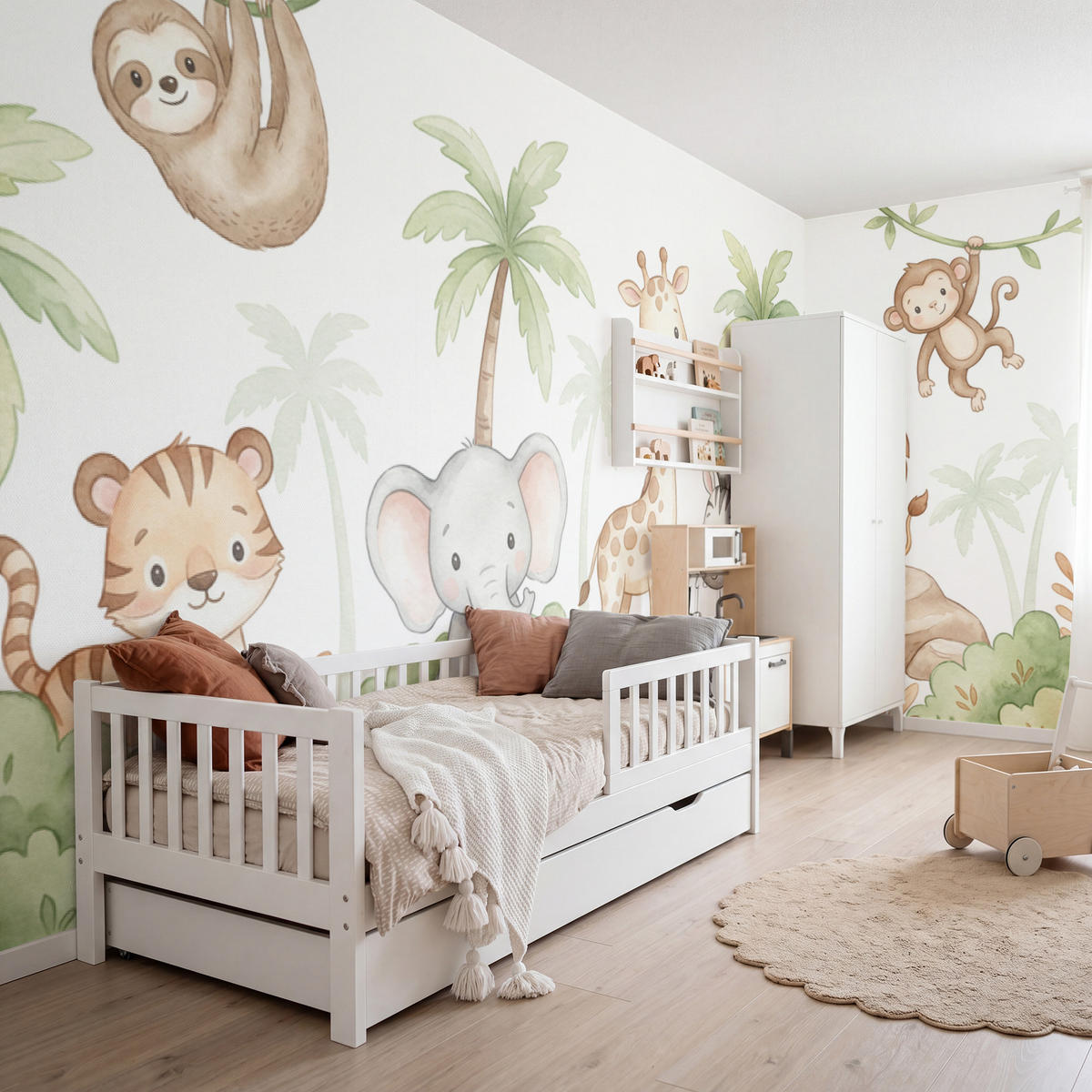 KINDERTAPETE - Tiere - Dschungel - Pastell - 500x200 cm - Weiß, Papier (500/200cm) - OnlyWow