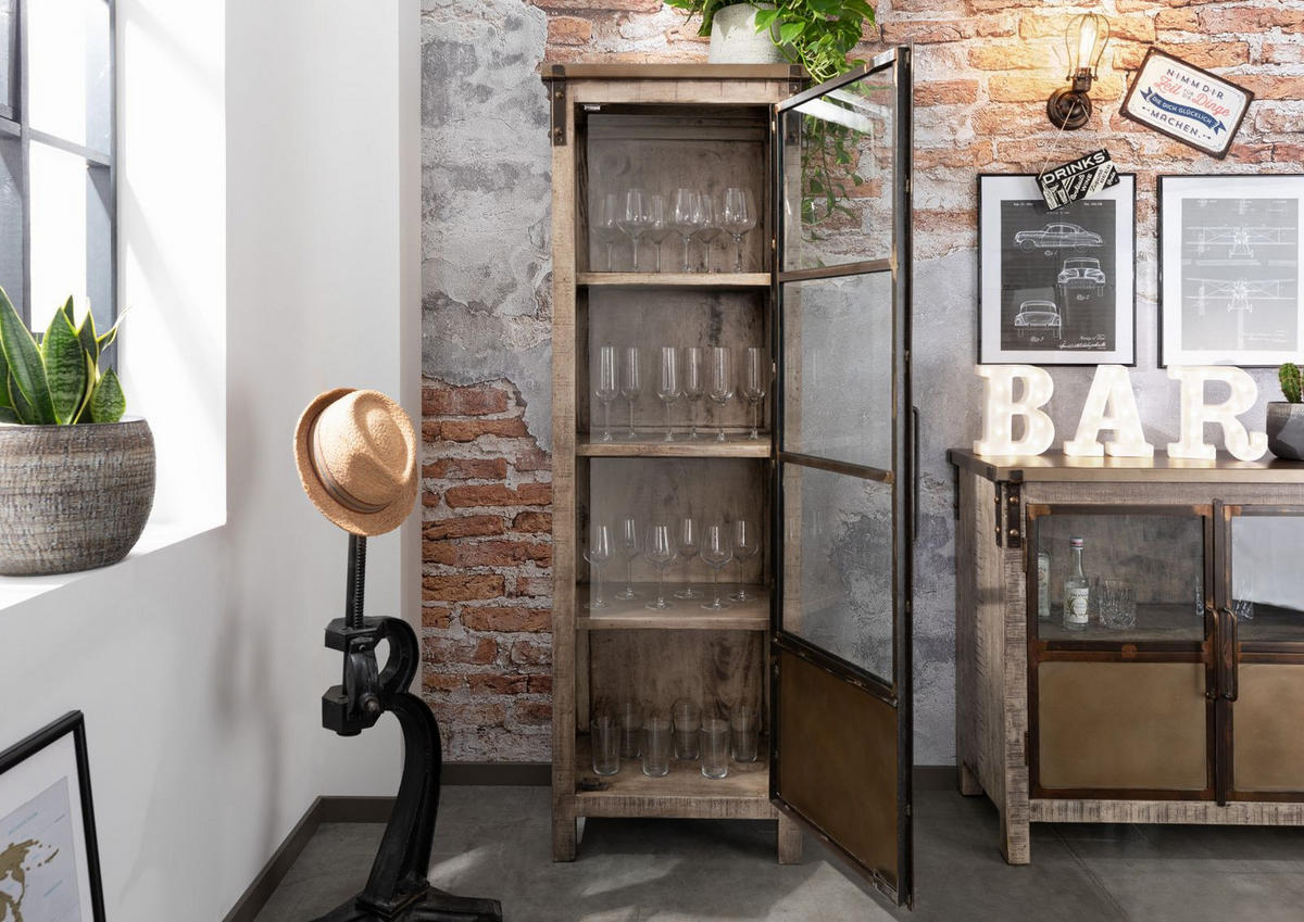 VITRINE Mango 60x40x180 braun lackiert HEAVY INDUSTRY #242 - Braun, Holz (60/180/40cm) - Massivmoebel24