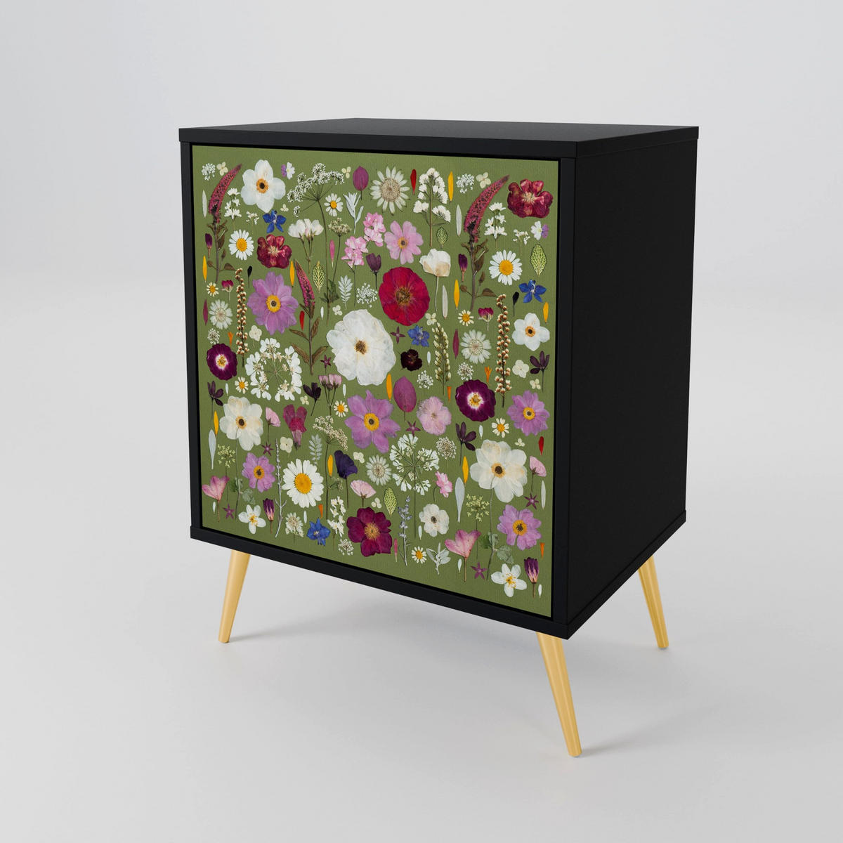 SIDEBOARD WILD GARDEN, Schwarz, 57,5x42x67,5 cm, Schwarze Metall-Rahmenfüße - Multicolor/Schwarz, Holzwerkstoff/Metall (57.5/67.5/42cm) - SpaceRebels