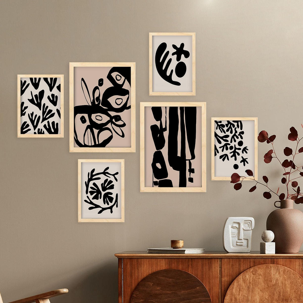 POSTER Set Mit 6 Mystik Design In Blume Zusammenfassung Ästhetische Dekorative Gemälde Für Ihr Wohnzimmer Zuhause A3 & A4 Rahmen Aus Hellem Holz - Beige, Papier (29/3cm) - Nacnic