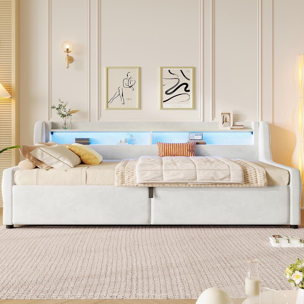 POLSTERBETT 90/200 cm Off White mit LED und Bettkasten ohne Matratze - Beige, Textil (90/200cm) - MIVRAY