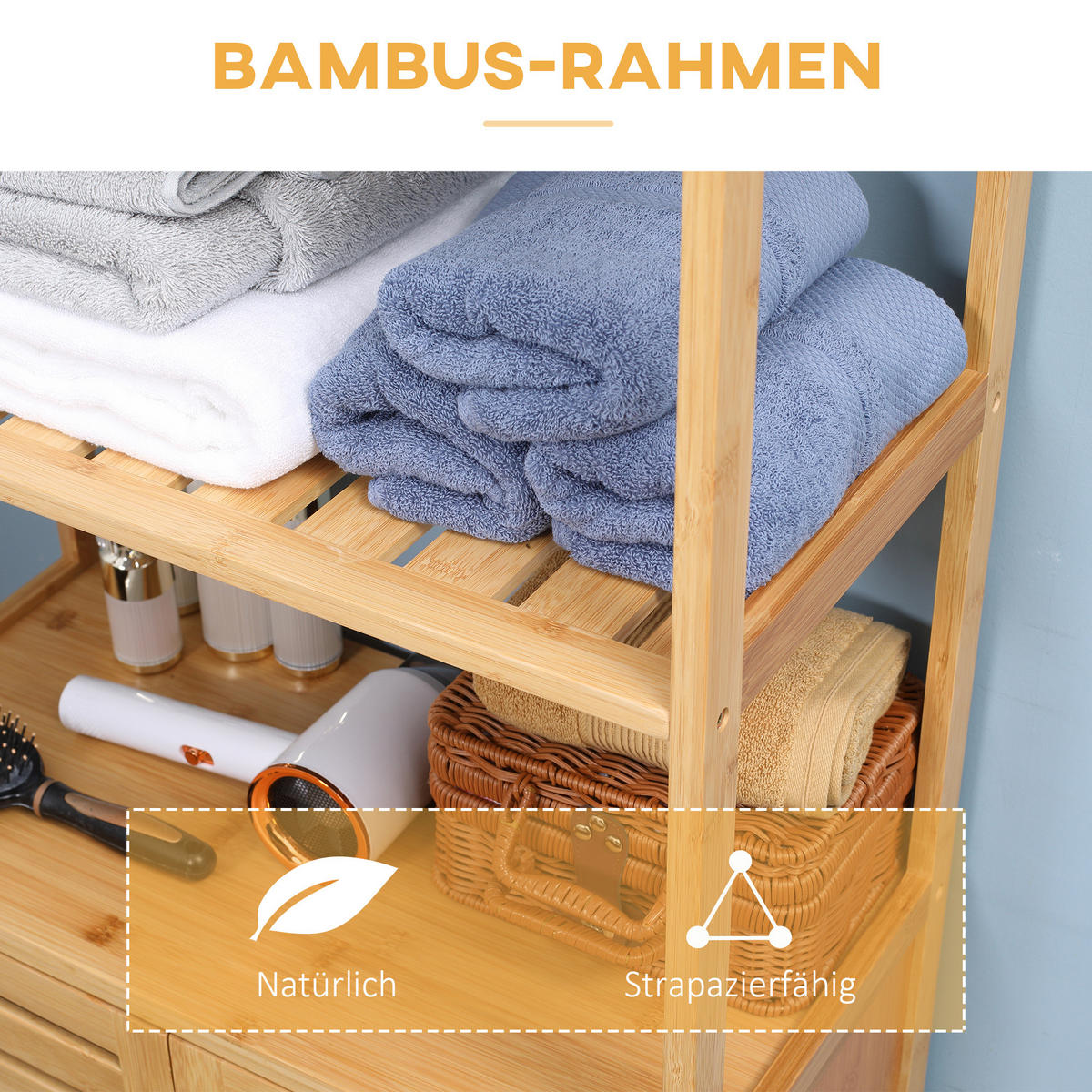 BADEZIMMERSCHRANK Bambus Badschrank hoch mit 2 Lamellentüren, 2 offene Fächern - Naturfarben, Holz (30/120/60cm) - Kleankin
