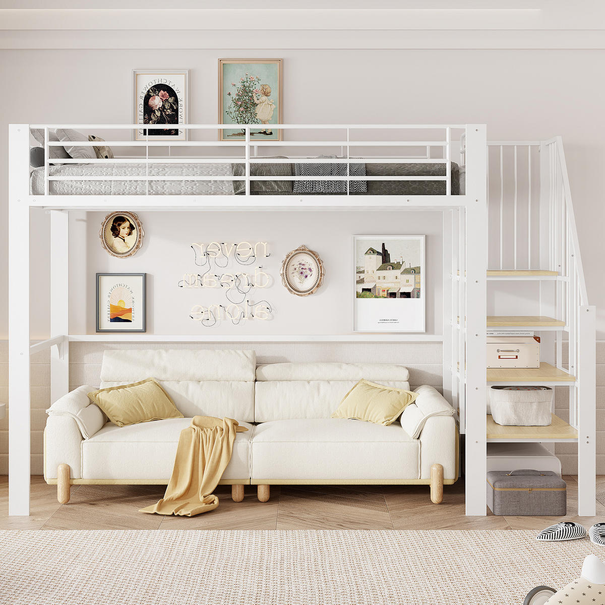 HOCHBETT 90/200 cm in Weiß mit Treppe und Stauraum - Weiß, Holzwerkstoff/Metall (90/200cm) - CHICFURN