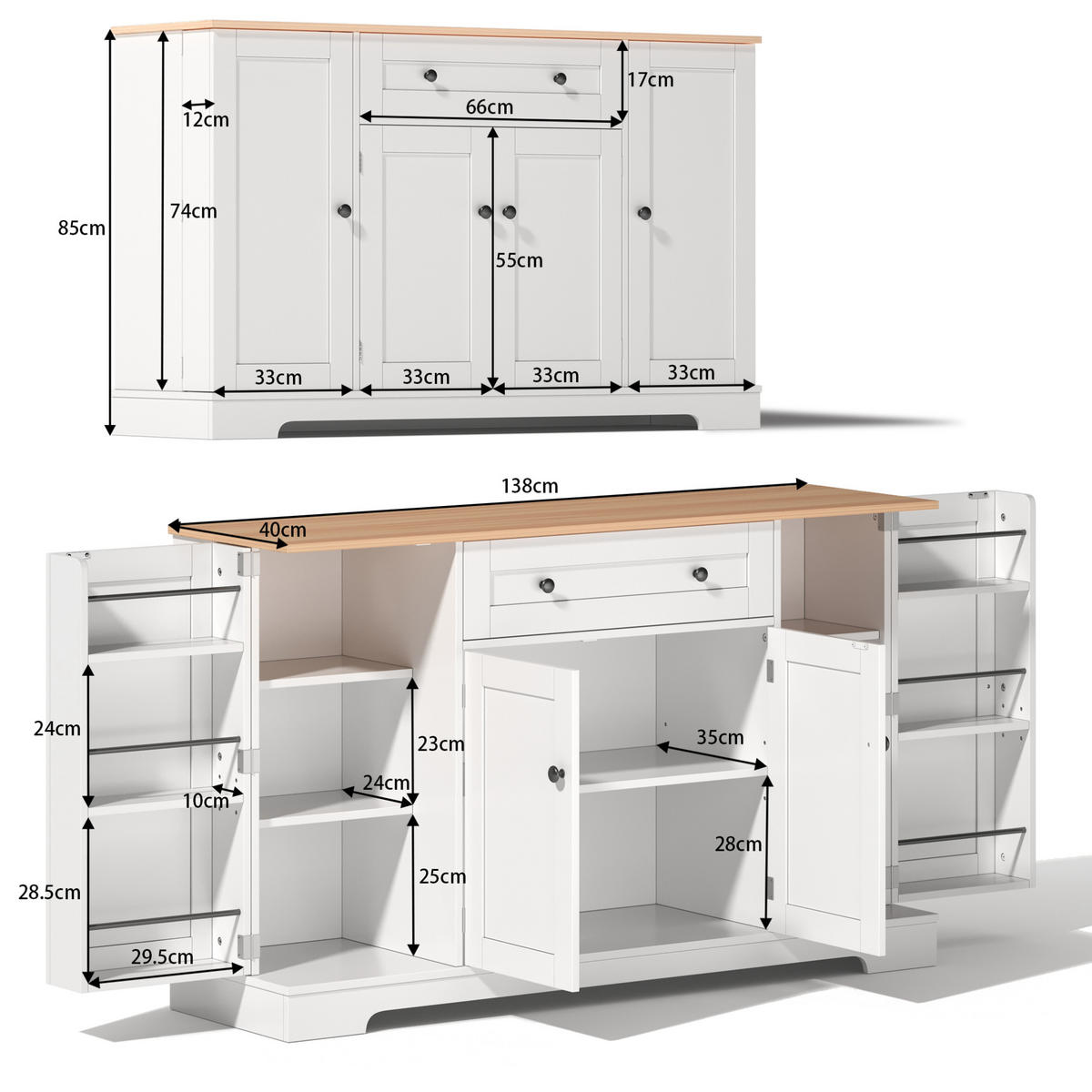 SIDEBOARD 138 cm in Natur/Weiß mit Schublade und verstellbaren Einlegeböden - Naturfarben, Holzwerkstoff (138/85/40cm) - Flora Grace