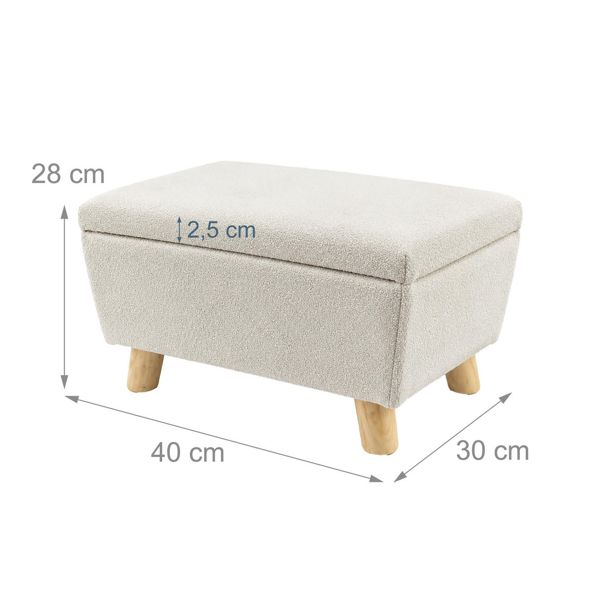 TABURE Bež s prostorom za shranjevanje bouclé lesene noge 28x40x30 cm - bež, umetna masa/tekstil (40/28/30cm) - Relaxdays