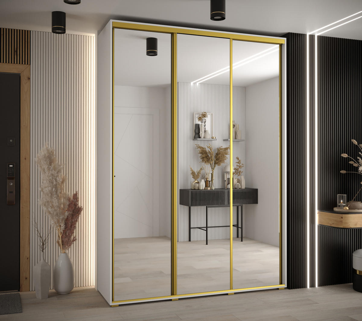 SCHWEBETÜRENSCHRANK 235,2/170/60 3-türig - Goldfarben/Weiß, Holz/Metall (170/235/60cm) - Abiks Möbel