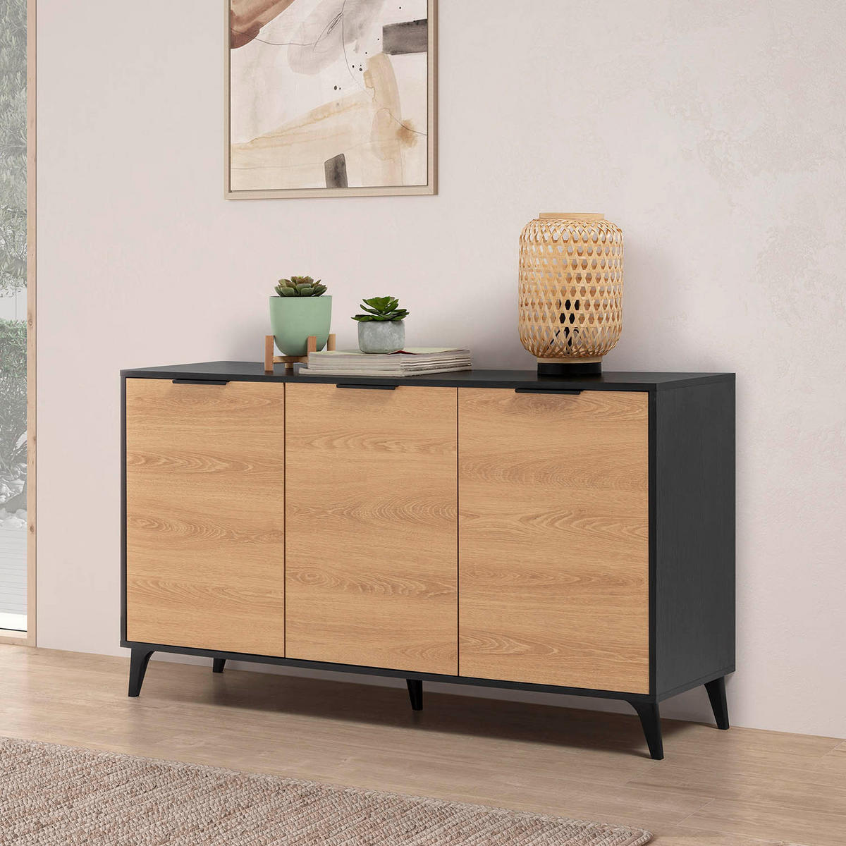SIDEBOARD Kalma 3 Türen Schwarz/Eiche - Schwarz, Holzwerkstoff (136/76/40cm)
