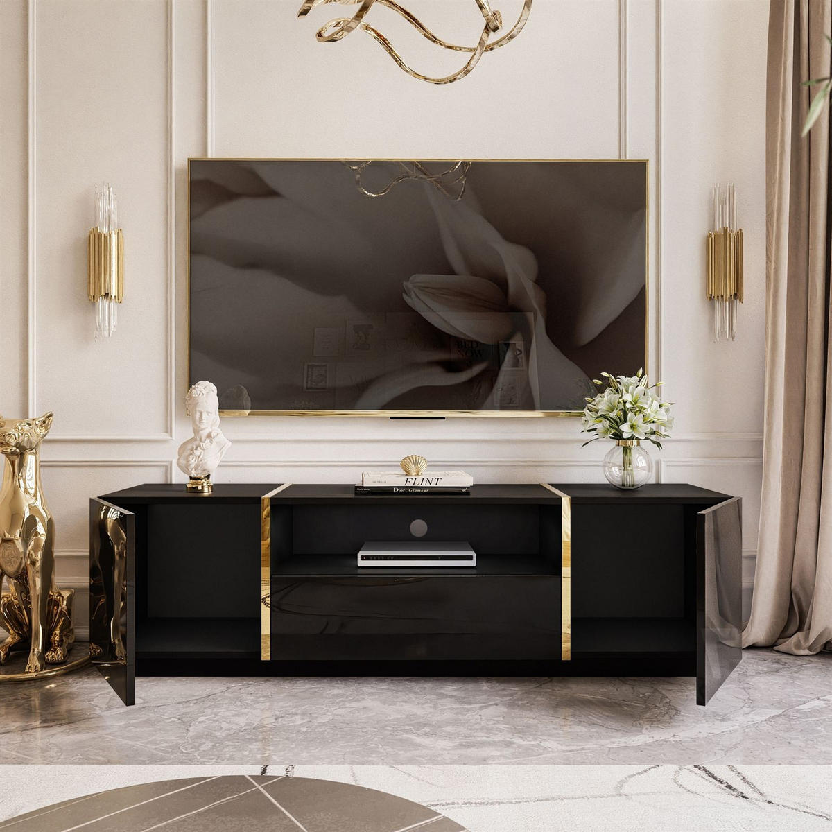 TV-ELEMENT ONYX HOCHGLANZ 158 CM PUSH OPEN - Schwarz, Holzwerkstoff (158/46/41.3cm) - Lookway