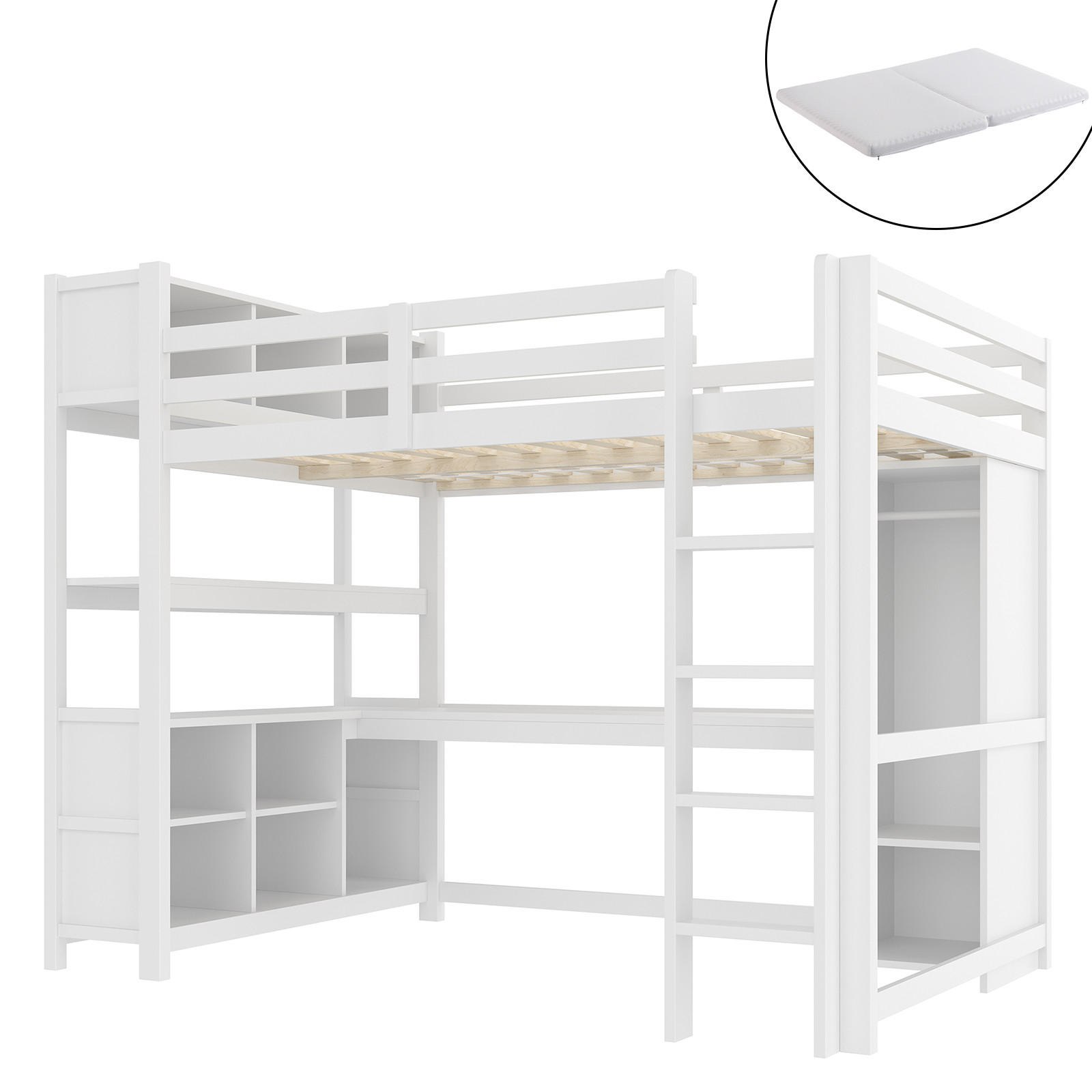 HOCHBETT 140/200 cm Weiß mit Schreibtisch und Regalen mit Matratze - Weiß, Holzwerkstoff (140/200cm) - OKWISH