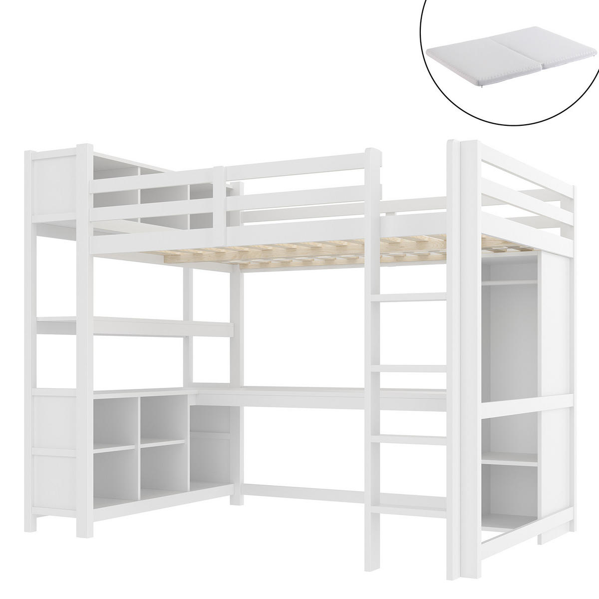 HOCHBETT 140/200 cm Weiß mit Schreibtisch und Regalen mit Matratze - Weiß, Holzwerkstoff (140/200cm) - OKWISH