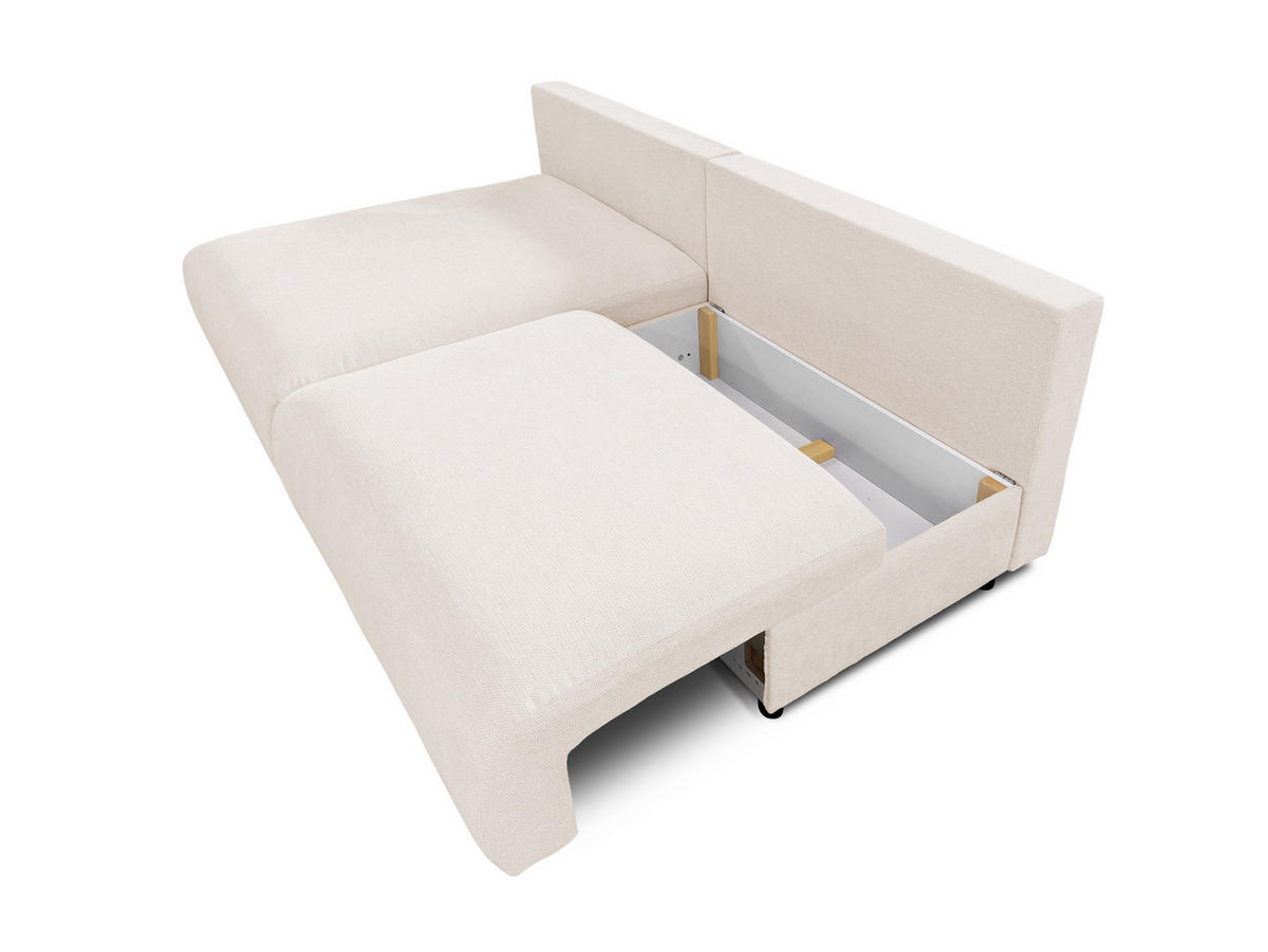 ECKSOFA Sora mit Schlaffunktion, Bettkasten und extra tiefer Komfortzone aus hochwertigem Creme Strukturstoff - Creme/Schwarz, Holz/Kunststoff (140/200cm) - S-Style