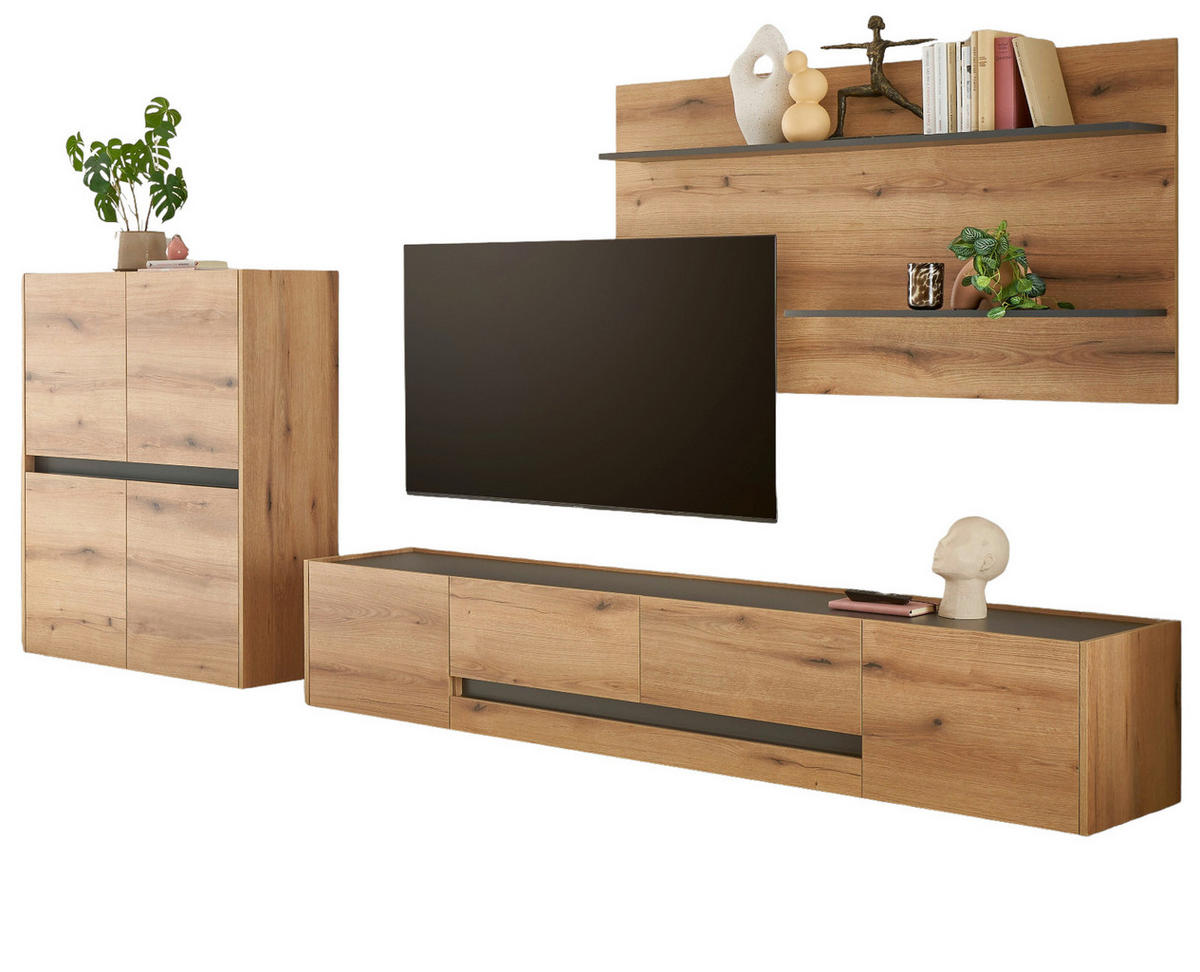 WOHNWAND Evoke Eiche, grau, Wohnkombination Set 3-teilig, 343 cm - Eichefarben/Schwarz, Holz/Holzwerkstoff (360/180/45cm) - Furn.Design