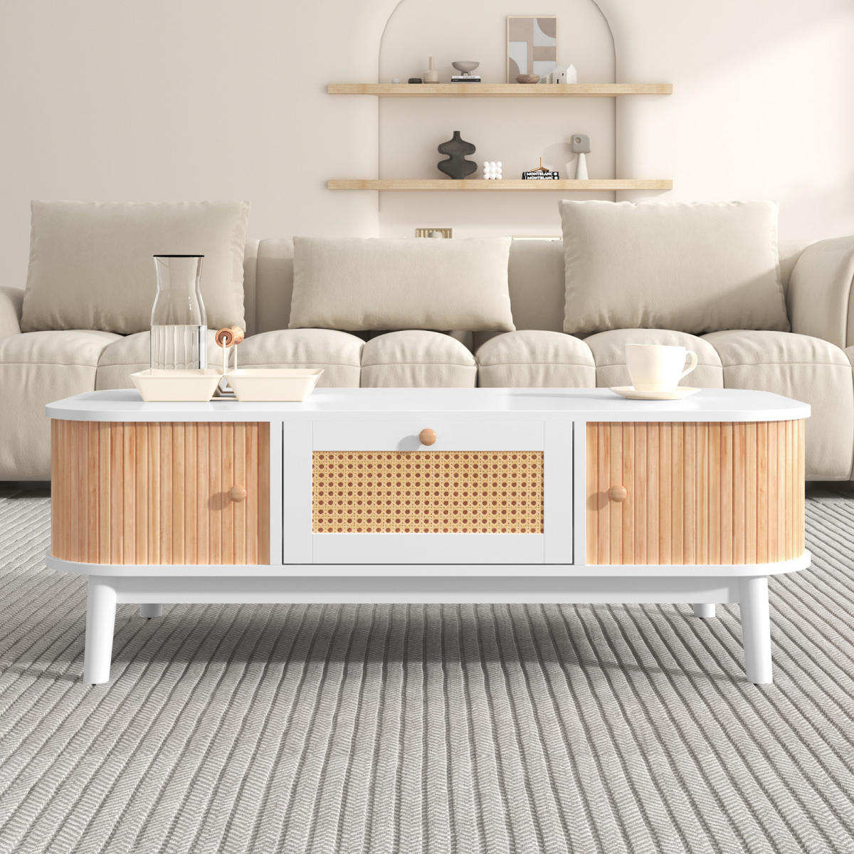 COUCHTISCH Weiß mit Schubladen, Schiebetüren und Stauraum - Cognac, Metall (110/55/38cm)