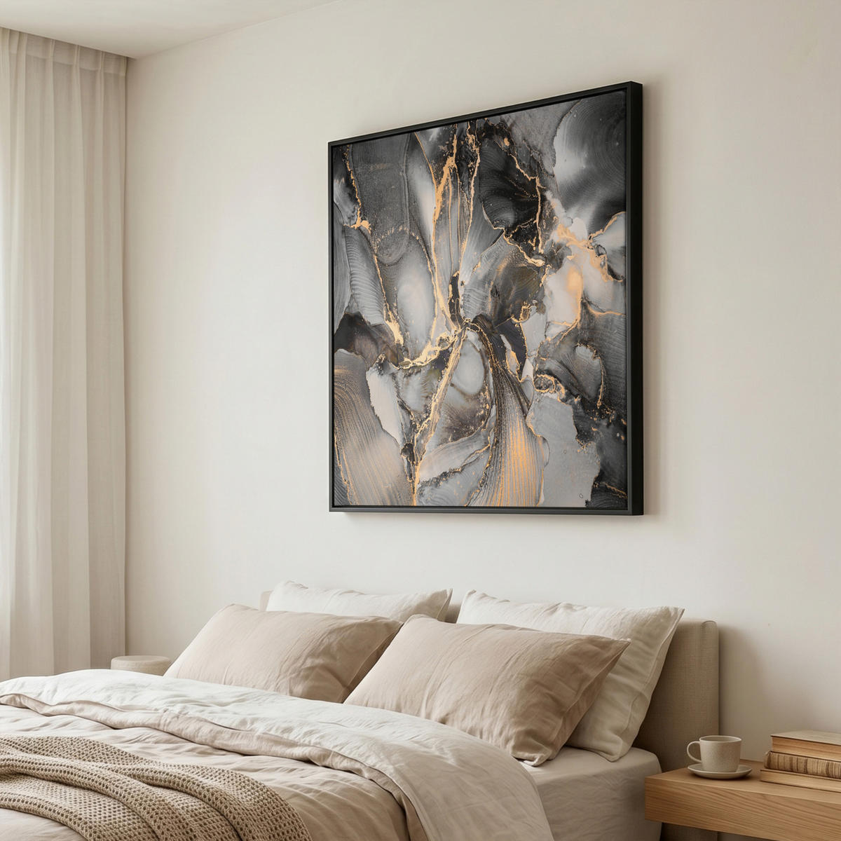 LEINWAND Bilder mit Rahmen - Grau - Luxus - Gold - Marmor - 90x90 - Dunkelgrau, Textil (90/90cm) - MuchoWow