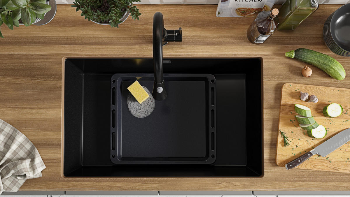 UNTERBAUSPÜLE GRANIT London, 2-er set Schwarz 76/47 cm 1 Becken + Küchenarmatur 32/20 cm + Ablauf-Set ab 80er Unterschrank - Chromfarben/Schwarz, Kunststoff (76/20/47cm) - Primagran