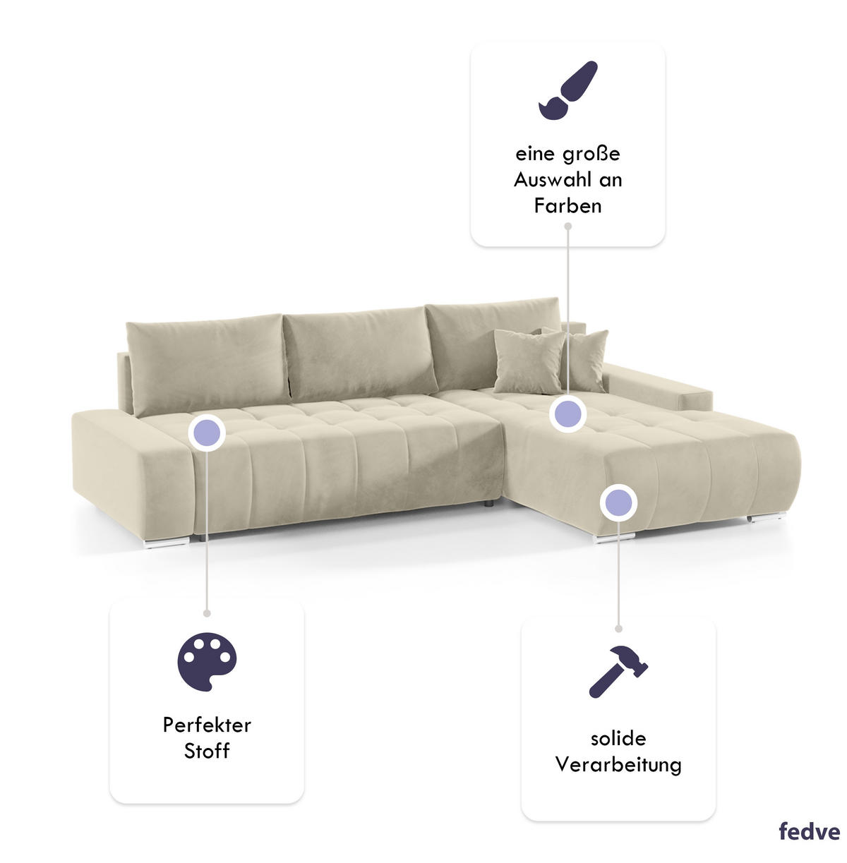 ECKSOFA mit Schlaffunktion Dhaka L, Vanille - Beige, Textil (185/265cm) - Fedve