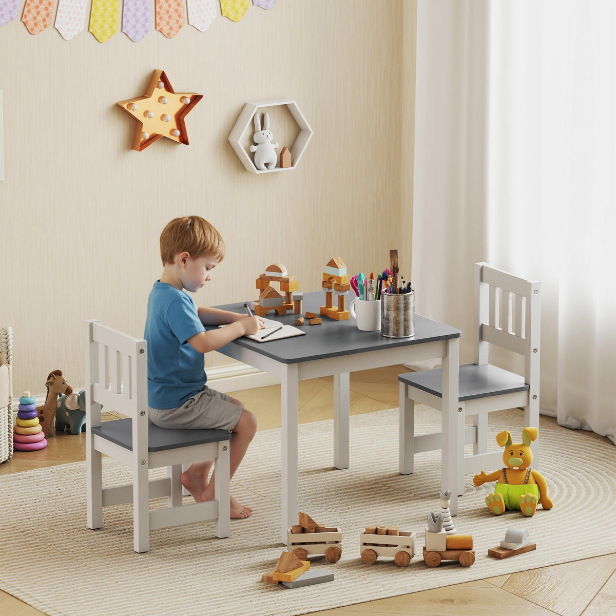 KINDERSITZGRUPPE Kindertisch mit 2 Stühlen, Kinderzimmer Tisch & Stühle Set Grau - Grau, Holz (52/48/56cm) - AIYAPLAY