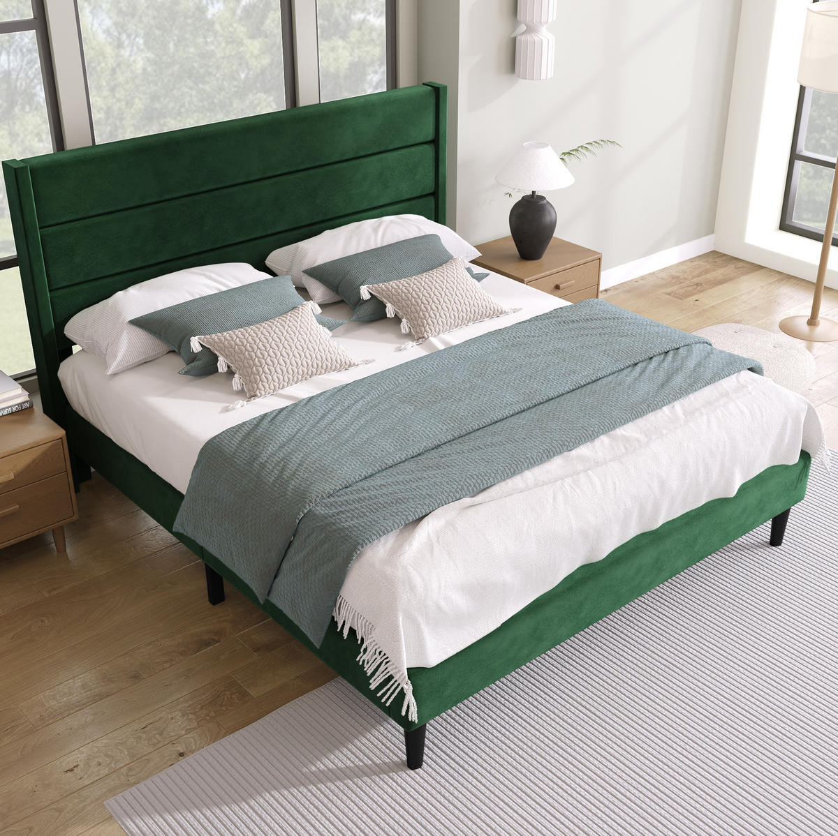 POLSTERBETT 140/200 cm dunkelgrün aus Samt mit Matratze - Grün, Textil (140/200cm) - OKWISH