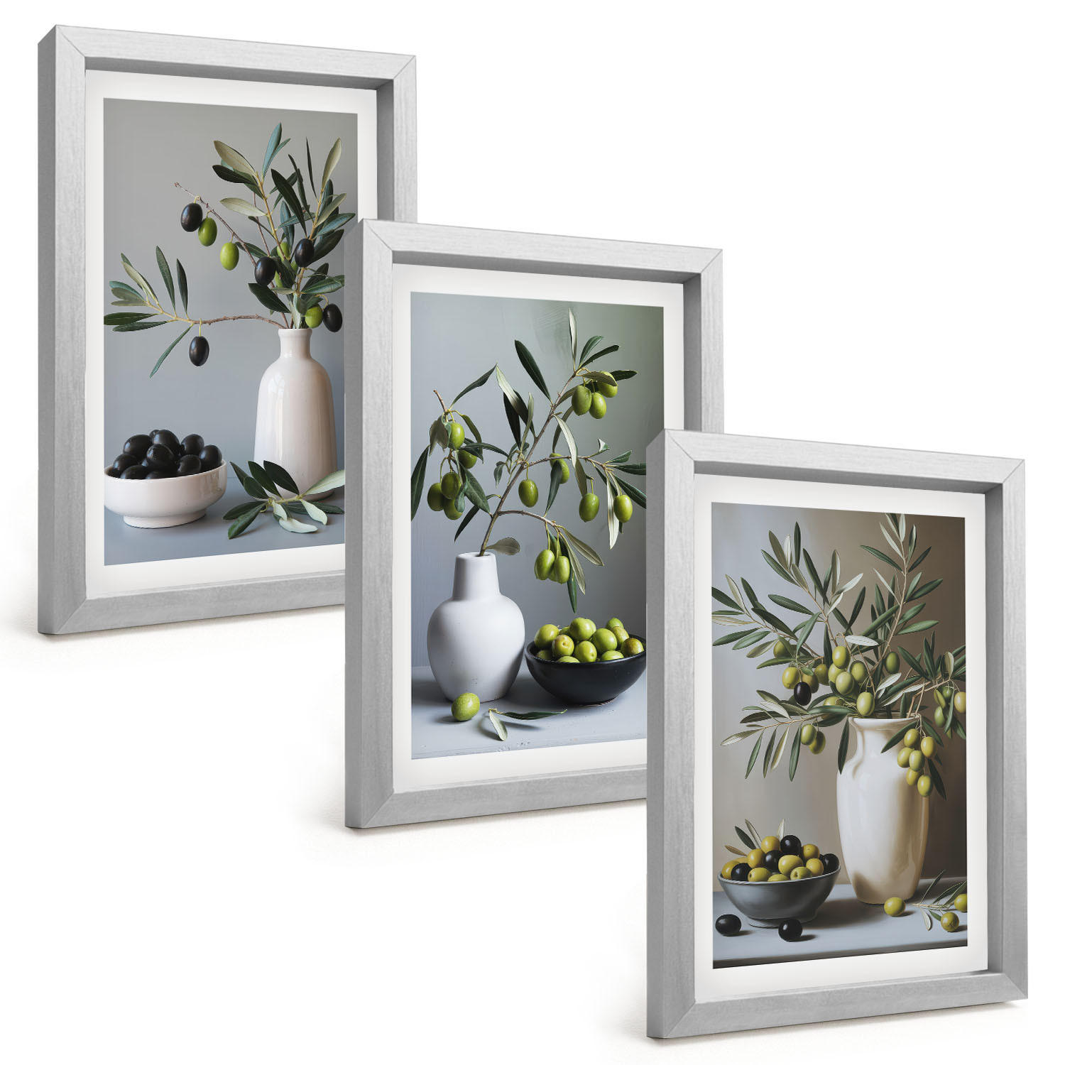 BILDER SET 3er Set - 20x30 cm Silberner Rahmen - Oliven in schlichten Vasen - Silberfarben, Kunststoff (20/30cm) - TULUP