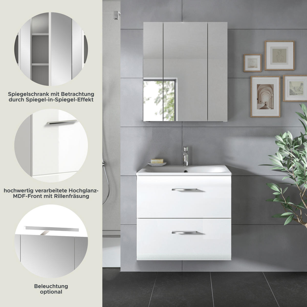 BADKOMBINATION Ice 60x185x46 cm weiß Hochglanz MDF 2tlg. - Weiß, Holz (60/185/46cm)