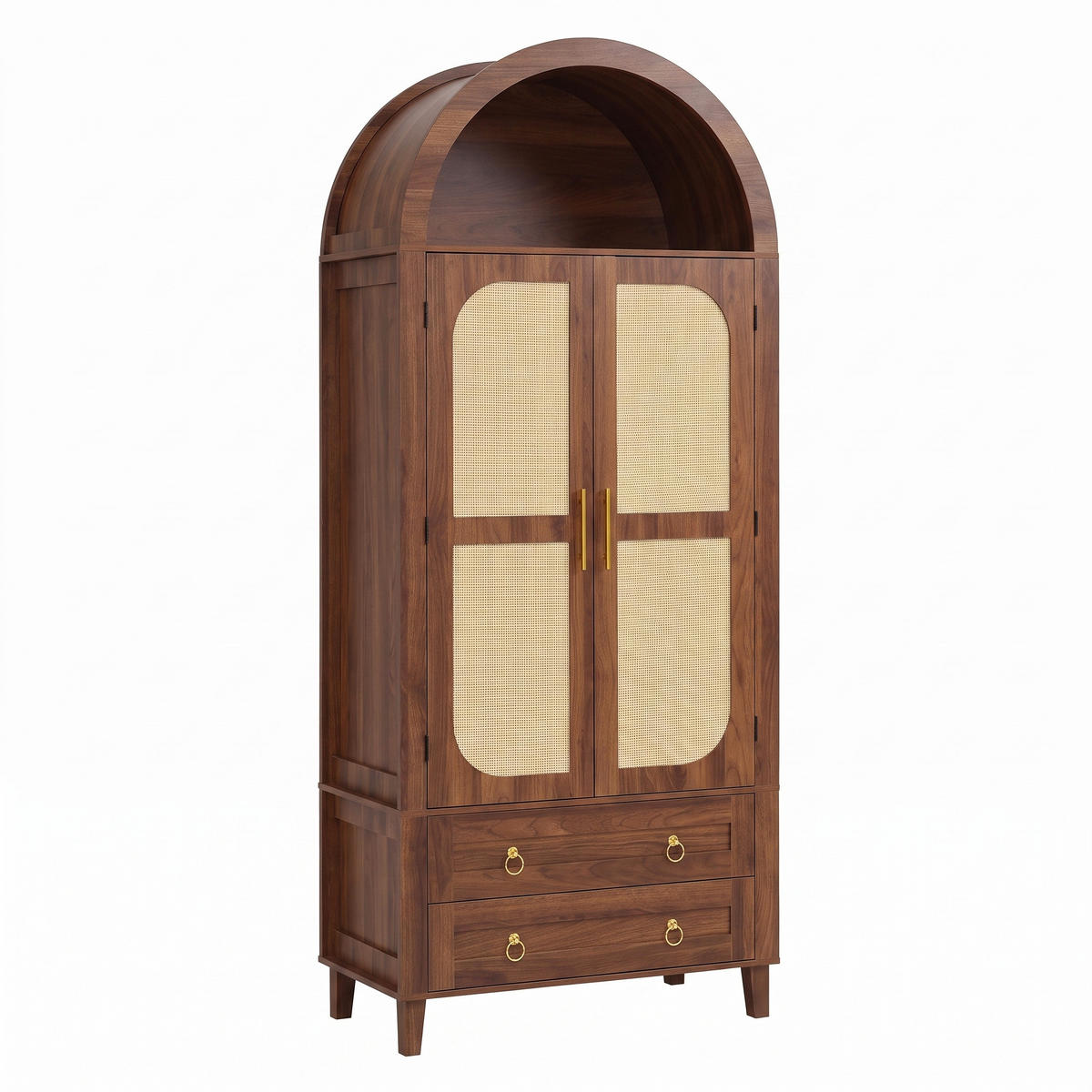 HOCHSCHRANK Nussbaum Bogen-Design mit Rattan-Türen, APP-LED & 2 Schubladen - Walnussfarben, Holzwerkstoff (76/179.5/40cm) - Urban Meuble