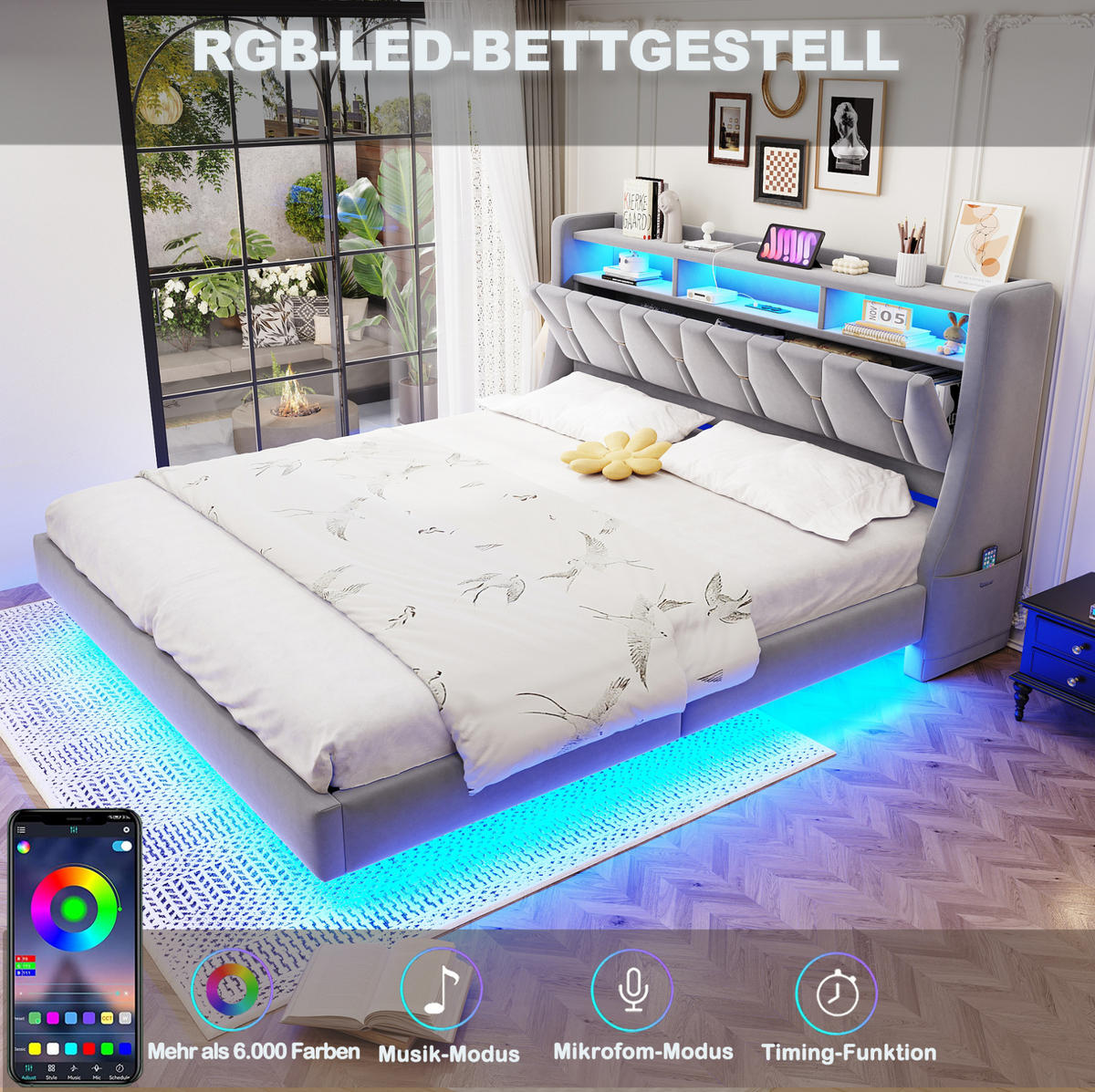 ČALOUNĚNÁ postel 180/200 cm světle šedá z sametu s LED osvětlením a úložným čelem - šedá, textil (180/200cm) - OKWISH