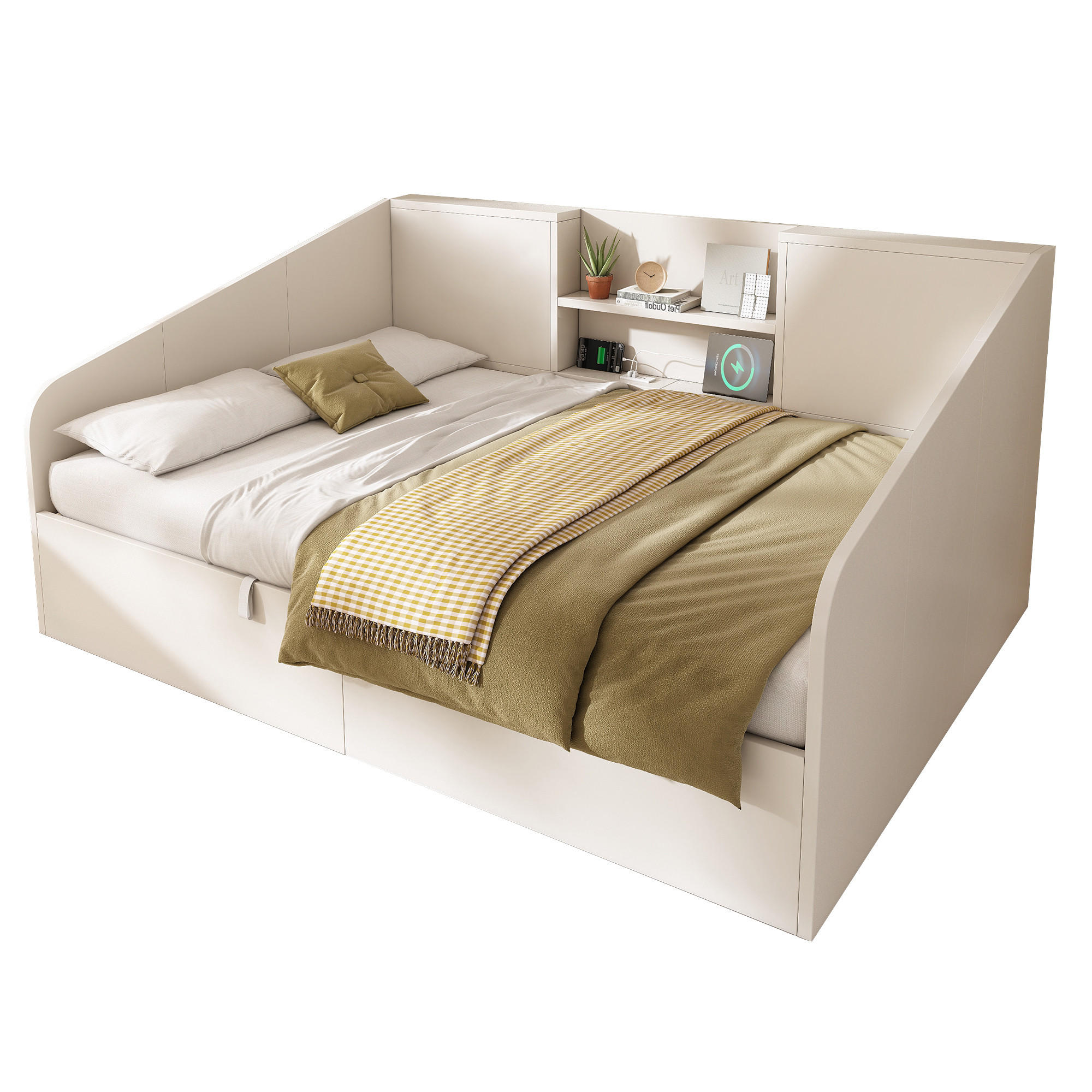 POLSTERBETT 140/190 cm mit Hydraulik-Stauraum, USB- und Type-C-Ladestation, Ablagefächern, Weiß - Weiß, Textil (140/190cm) - Redom