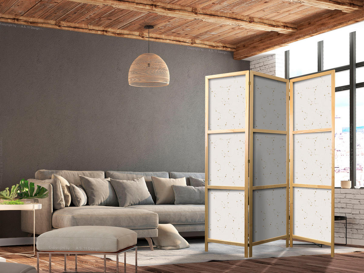 PARAVENT Japanischer 3-tlg 135x172 cm Sternkonstellationen - Multicolor, Holz/Textil (135/172/3cm) - Muralo