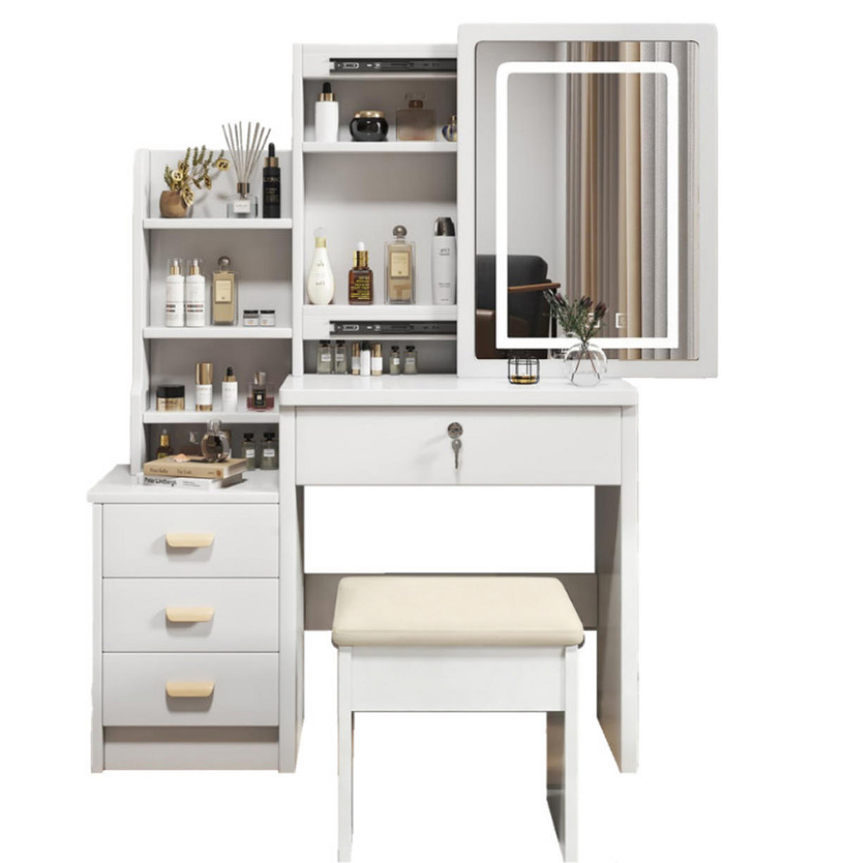 SCHMINKTISCH mit LED-Spiegel und gepolstertem Hocker, dreifarbig verstellbare Beleuchtung, 85 × 130 × 36 cm - Weiß, Holzwerkstoff (36/130/85cm) - Vallsero
