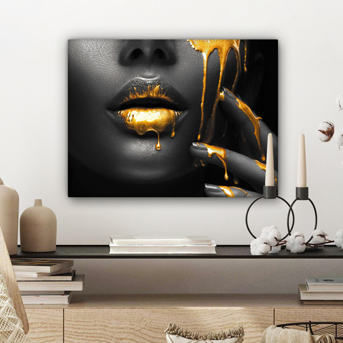 LEINWANDBILD Frau - Schwarz - Gold - Gesicht - Lippen 40x30 cm - Goldfarben, Textil (40/30cm) - MuchoWow