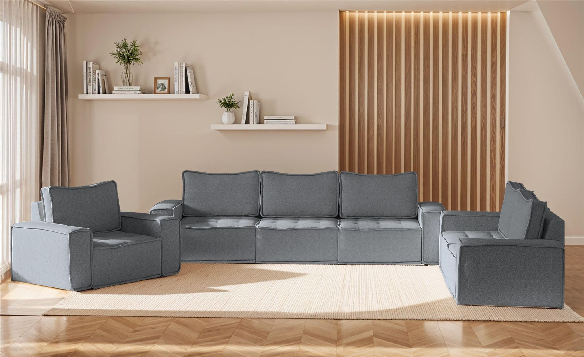 SOFASET Sande 3-2-1 Stoff Alpine - Anthrazit, Holzwerkstoff/Textil (292/85/90cm) - Fun Möbel