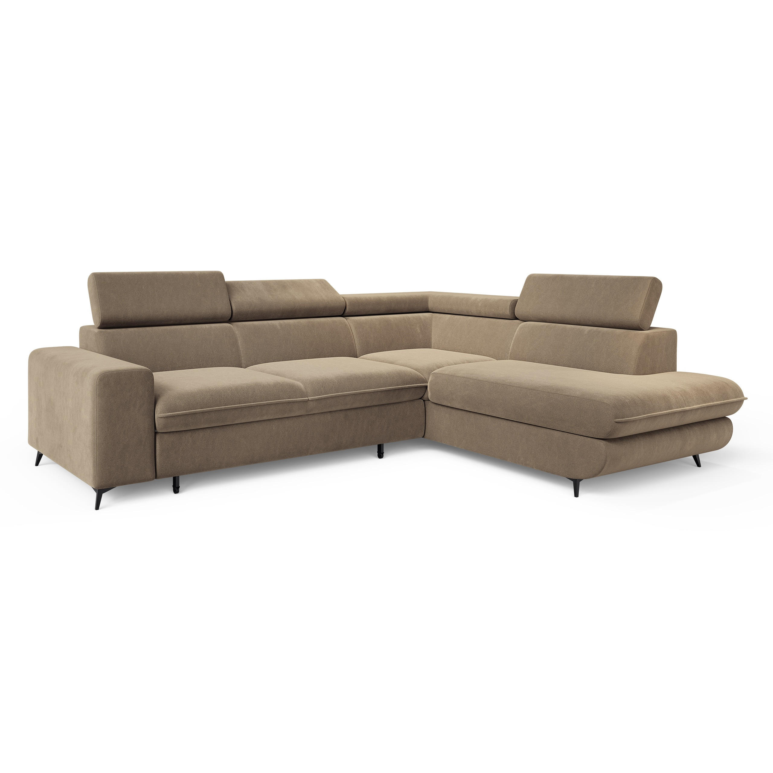 ECKSOFA VELISS Beige Veloursstoff mit Schlaffunktion - Beige, Holz (255/193cm) - MASSENO