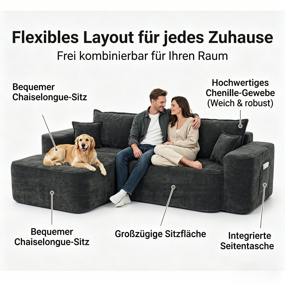 ECKSOFA 262/144/65 cm Schwarz mit Aufbewahrungsbeutel - Schwarz, Textil (262/144cm) - Oxeza