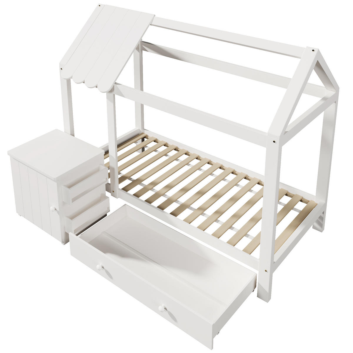 HAUSBETT 90/200 cm aus Massivholz Weiß mit Schubladen und abnehmbarem Nachttisch - Weiß, Holzwerkstoff (90/200cm) - OKWISH