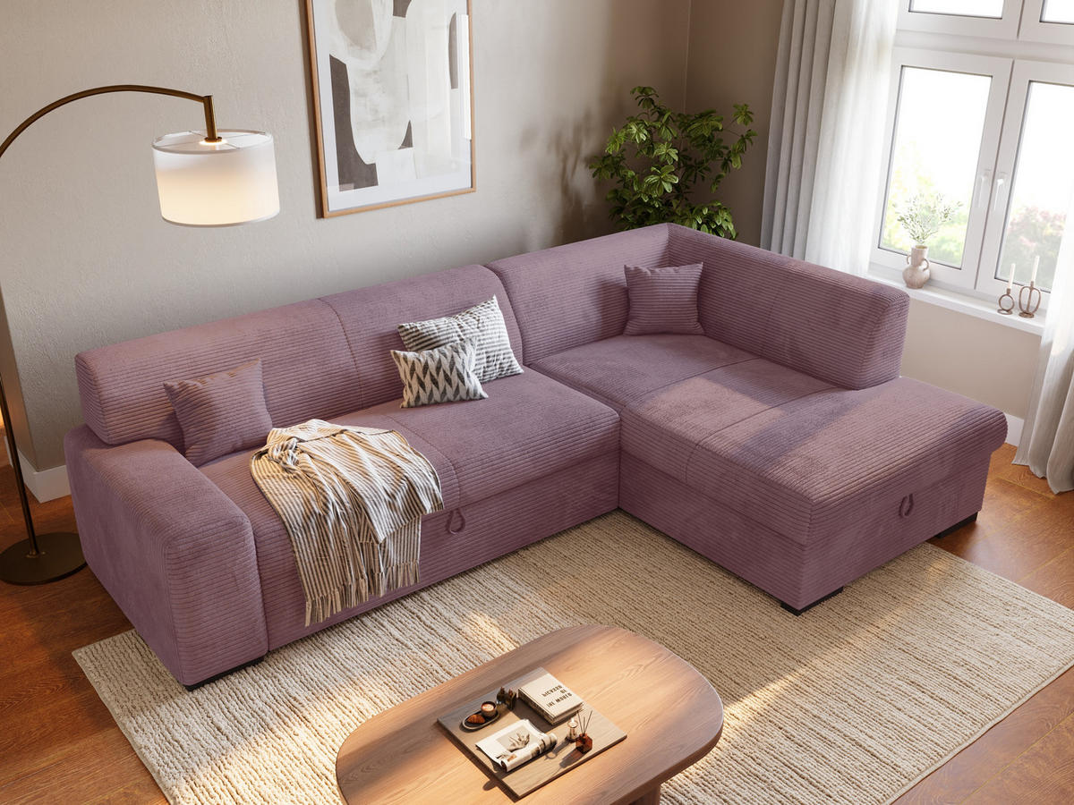 ECKSOFA mit Schlaffunktion Cordstoff MILENZO Puderrosa Rechts - Rosa, Holz (260/175cm) - Bromarkt
