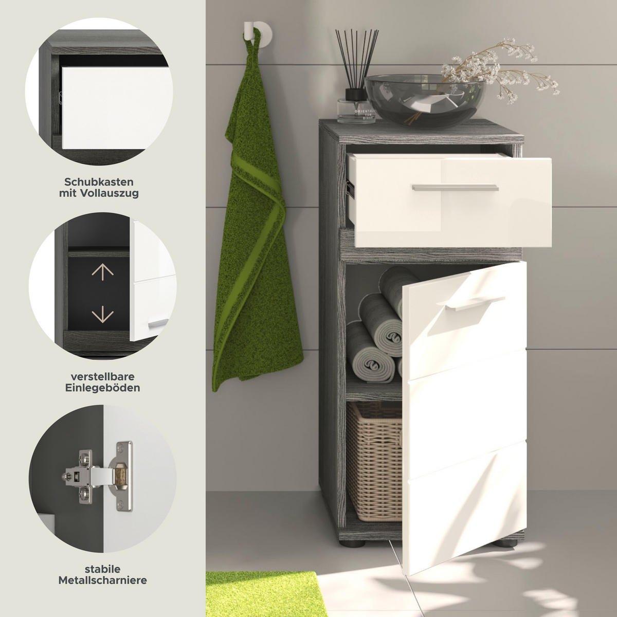 STANDSCHRANK Blake Bad in Rauchsilber Nachbildung und weiß hochglanz B/H/T: 35x79x31 cm - Silberfarben, Holz (35/79/31cm)